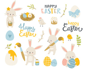 Wall Mural - easter bunny cute set. easter decoration sticker collection with rabbit, chicken, painted eggs.