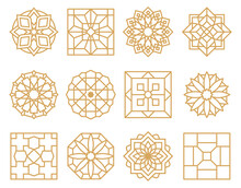 Abstract Oriental Muslim Arabic Golden Framed Emblems. Traditional Ornamental Arabic Luxury Frames Vector Illustration Set. Oriental Style Gold Outline Rosettes