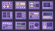 © WinWin - Retro control panels, spacecraft dashboard with dials, tuners and levers. Old computer interface elements isolated vector illustration set. Control panel templates