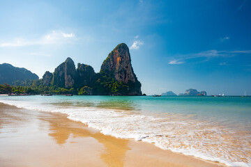 Wall Mural - Krabi, Thailand. Beach and long tail boats.