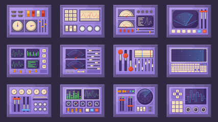 Retro control panels, spacecraft dashboard with dials, tuners and levers. Old computer interface elements isolated vector illustration set. Control panel templates