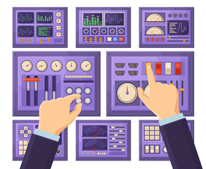 Wall Mural - retro control dashboard panel with operator hands, console connection ports. hands work with control