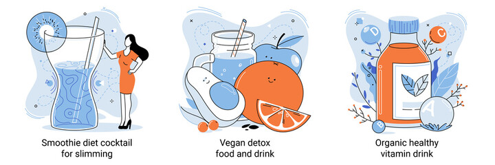 Organic healthy vitamin drink, vegan detox food, smoothie diet cocktail for slimming. Vegetarianism and dieting concept banner set, mobile app templates. Healthy lifestyle proper nutrition health care