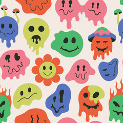 Melting smiling faces, dripping groovy retro seamless pattern. Retro dripping doodle smile face vector background illustration. Psychedelic groovy smile emoji pattern