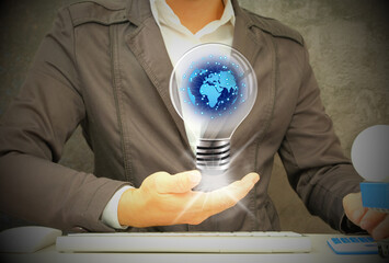 Sticker - Innovation. Concept fresh idea concept with innovation and inspiration, innovative technology in science and communication concept, hands holding light bulb