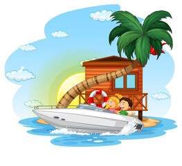 Cartoon children on speed boat with bungalow on island