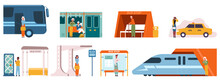 Public Transport Passenger Characters, People In Subway And Bus Stop. Urban City Transport Passengers Isolated Vector Illustration Set. City Public Transport