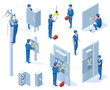 © WinWin - Isometric professional electricians, workers repair power line. Electrician occupation, characters with electrical equipment vector illustration set. Electrician profession