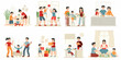 © WinWin - Happy families playing toys with children, parenting leisure activities. Parenting scenes, mother, father and kid play together vector illustration set. Family leisure time
