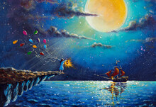 Painting Romantic Girl With Colorful Balloons On Rock With Lantern  Ship With Red Sails Sailing In Night On Blue Sea, Large Glowing Planet Moon Fantasy Fine Art Paint Concept For Fairytale Painting