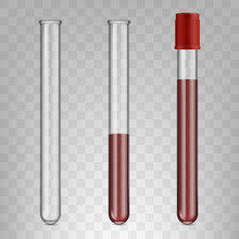 Realistic Glass Test Tubes Filled With Blood, Blood Test Medical Concept. Medical Laboratory Test Tubes Filled With Blood Vector Illustration. Blood Test Lab Glassware