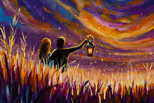 Meeting Lovers In The Night Modern Fine Art Fairy Tale Fabulous Hand Drawn Romantic Landscape Fantasy Painting