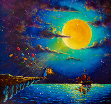 Painting Romantic Girl With Colorful Balloons On Rock With Lantern Waiting Meets Pirate Ship With Red Sails Sailing In Night On Blue Sea, Large Glowing Planet Moon Fantasy Fine Art 