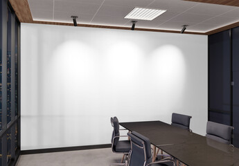 Wall Mural - Blank white wall Mockup in dark modern office with windows and spotlights. Empty company meeting room 3D rendering