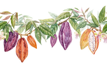 Wall Mural - Beautiful seamless tropical pattern with hand drawn watercolor cocoa fruits and leaves. Stock illustration.