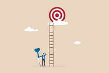 Dream Big Aim High, Ambition And Challenge To Success In Business, Motivation To Achieve Big Goal Or Target, Career Development Concept, Ambitious Businessman Hold Dart Aim High At Target On The Cloud