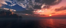 Sea Sunset, Ocean Sunrise, Sun Over Water, Island Of Rocks At Sunset In The Ocean, 3D Rendering