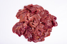 Raw Fresh Offal, Chicken Livers Close-up, Isolated On White Background. Studio Photo