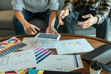 Wall Mural - professional creative team of web/graphic designer planning, drawing website ux app for mobile phone