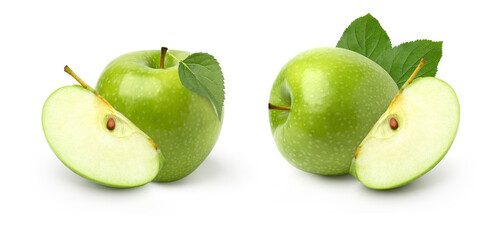 Poster - fresh green apple fruit and slices with leaves isolated on white background.