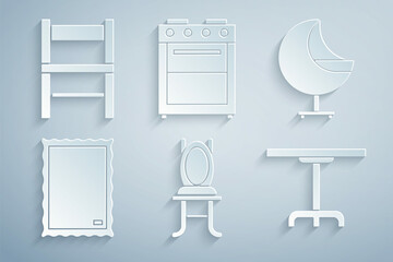 Sticker - Set Chair, Armchair, Picture, Round table, Oven and icon. Vector