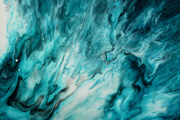 Wall Mural - Fluid Art. Liquid dark turquoise abstract drips and wave. Marble effect background or texture