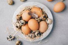 Eggs. Raw Organic Farm Chicken And Quail Eggs In Bowl On Gray Stone Background