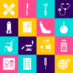 Sticker - Set Surgery lamp, Organ container, Enema, Medical otoscope tool, Medicine cabinet, Inhaler, Crossed bandage plaster and icon. Vector