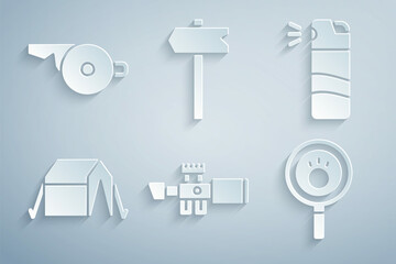 Sticker - Set Sniper optical sight, Pepper spray, Tourist tent, Paw search, Road traffic sign and Whistle icon. Vector