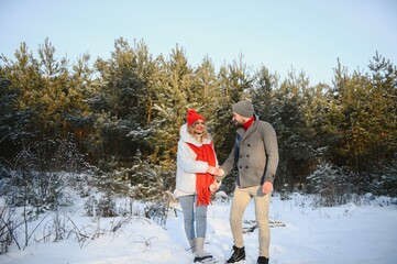 Wall Mural - happy loving couple walking in snowy winter forest, spending christmas vacation together. Outdoor seasonal activities. Lifestyle capture.