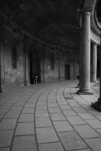 Renacentist Palace Of Carlos V In Alhambra Of Granada. Black And White Picture Of The Archictecture Of This Palace