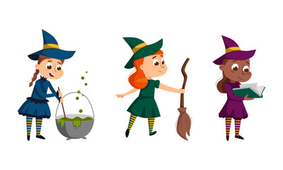 Poster - Happy Girl Witch in Dress and Pointed Hat Casting Spell Practising Witchcraft and Doing Magic Vector Set