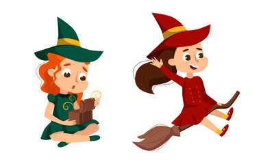 Sticker - Happy Girl Witch in Dress and Pointed Hat Casting Spell Practising Witchcraft and Doing Magic Vector Set