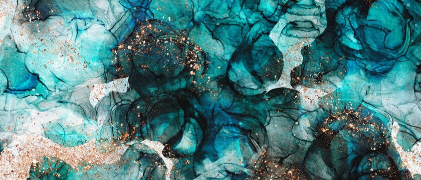 Wall Mural -  - Abstract teal and blue accent background with rose gold design texture, watercolour painting, graphic for printed materials, luxury hand drawn art decoration, fluid art design, 