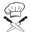 Illustration of a chef's hat. The emblem of a headdress with knives for a restaurant. Black and white vector illustration for the kitchen master. Chef logo.