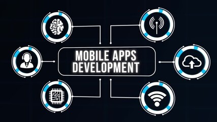 Internet, business, Technology and network concept. Inscription MOBILE APPS DEVELOPMENT on the virtual display. Cloud technology concept. Virtual button.