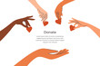 Donation, charity foundation concept. Diversity human hands give heart shapes. People donate money, blood, sharing love for needy. Advert social care poster template. Helping hand vector illustration