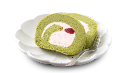 Delicious Matcha Swiss Roll Cake slices with strawberry cream isolated on white background.