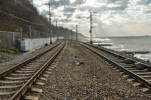 Railway Along Black Sea In Tuapse (Krasnodar Krai, Russia)
