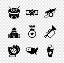 Set Drum And Drum Sticks, Star American Military, Cannon, Baseball Glove With Ball, USA Map, Ice Cream In Waffle Cone, White House And Medal Star Icon. Vector