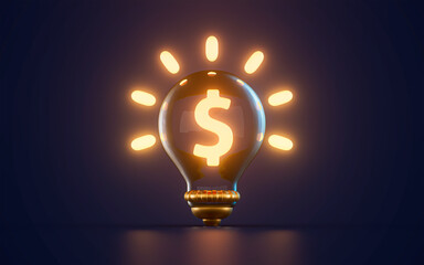 dollar currency money icon glowing inside lightbulb on dark background 3d render concept