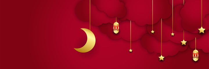 Ramadan Kareem Banner Background with moon, islamic pattern, lantern. Gold moon and red abstract luxury islamic elements background