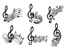 Set Of Treble Clef With Notes. Collection Of Sheet Music On The Stave. Musical Symbol. Vector Illustration Isolated On White Background.