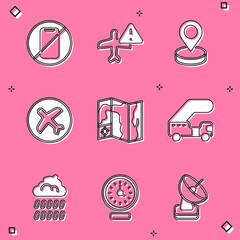 Sticker - Set No cell phone, Warning aircraft, Location, Plane, World travel map, Passenger ladder, Cloud with rain and Clock icon. Vector