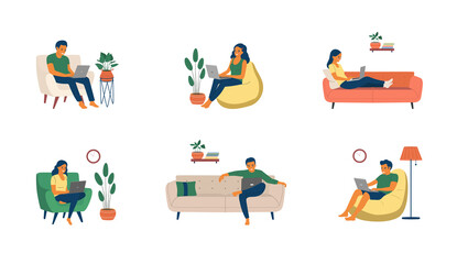 Wall Mural - Men and women sitting on the sofa and chair  with laptops. Big set. Vector flat illustration