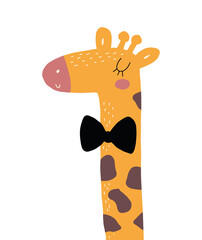 Wall Mural - Cute Abstract Nursery Vector Illustration with Funny Hand Drawn Giraffe with Black Bow and Long Neck Isolated on a White Background. Safari Party Print ideal for Card, Wall Art, Invitation, Poster.