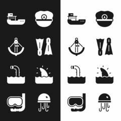 Sticker - Set Flippers for swimming, Anchor, Cargo ship, Captain hat, Periscope, Shark fin ocean wave, Jellyfish and Diving mask and snorkel icon. Vector