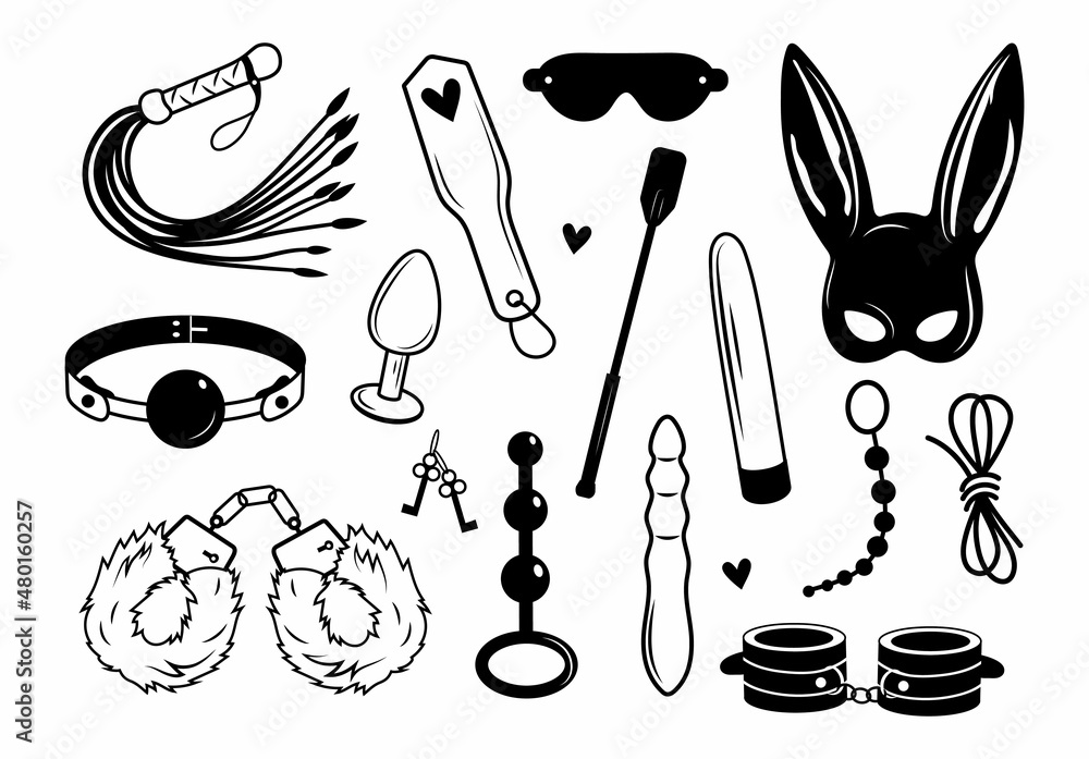 Set of fetish tools. Collection of BDSM products for role-playing games, eye mask, handcuffs, leather whip, rope, etc. Vector illustrations of sex toys for an adult store. Sexual outfit. Stock-vektor | Adobe Set of fetish tools. Collection of BDSM products for role-playing games, eye mask, handcuffs, leather whip, rope, etc. Vector illustrations of sex toys for an adult store. Sexual outfit. Stock-vektor | Adobe