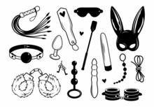 Set of fetish tools. Collection of BDSM products for role-playing games, eye mask, handcuffs, leather whip, rope, etc. Vector illustrations of sex toys for an adult store. Sexual outfit.