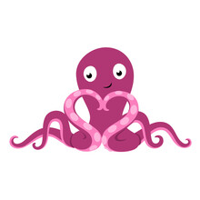 Cartoon Octopus In Love. Stylish Vector Illustration For Valentine Day